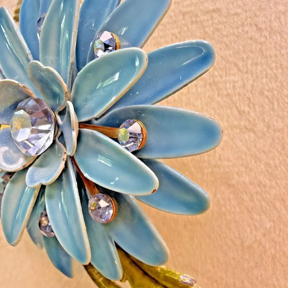 Vintage 1960s Blue Enamel Flower Brooch Rhinestone Mod Flower Power Pin - AS IS